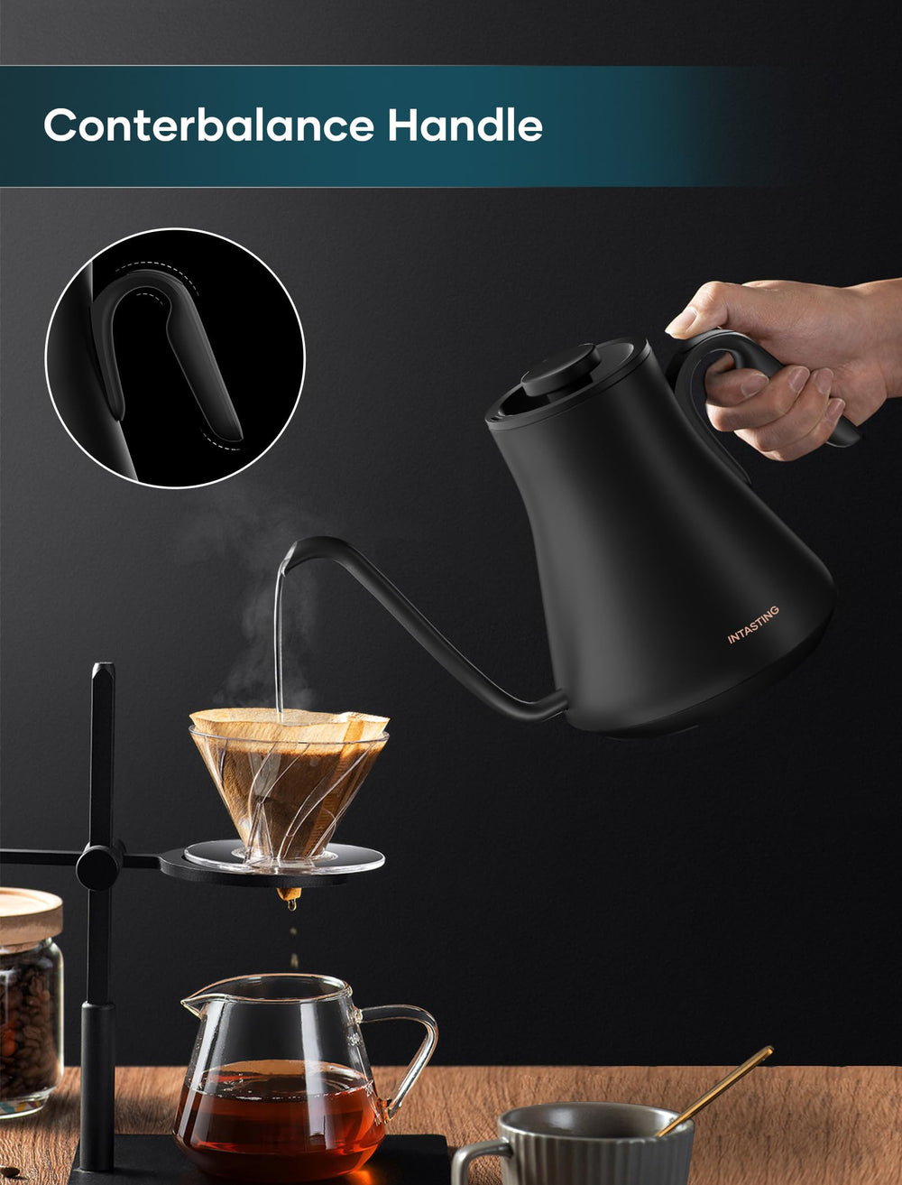 INTASTING close-up of 0.65mm gooseneck spout highlighting controlled pour benefit