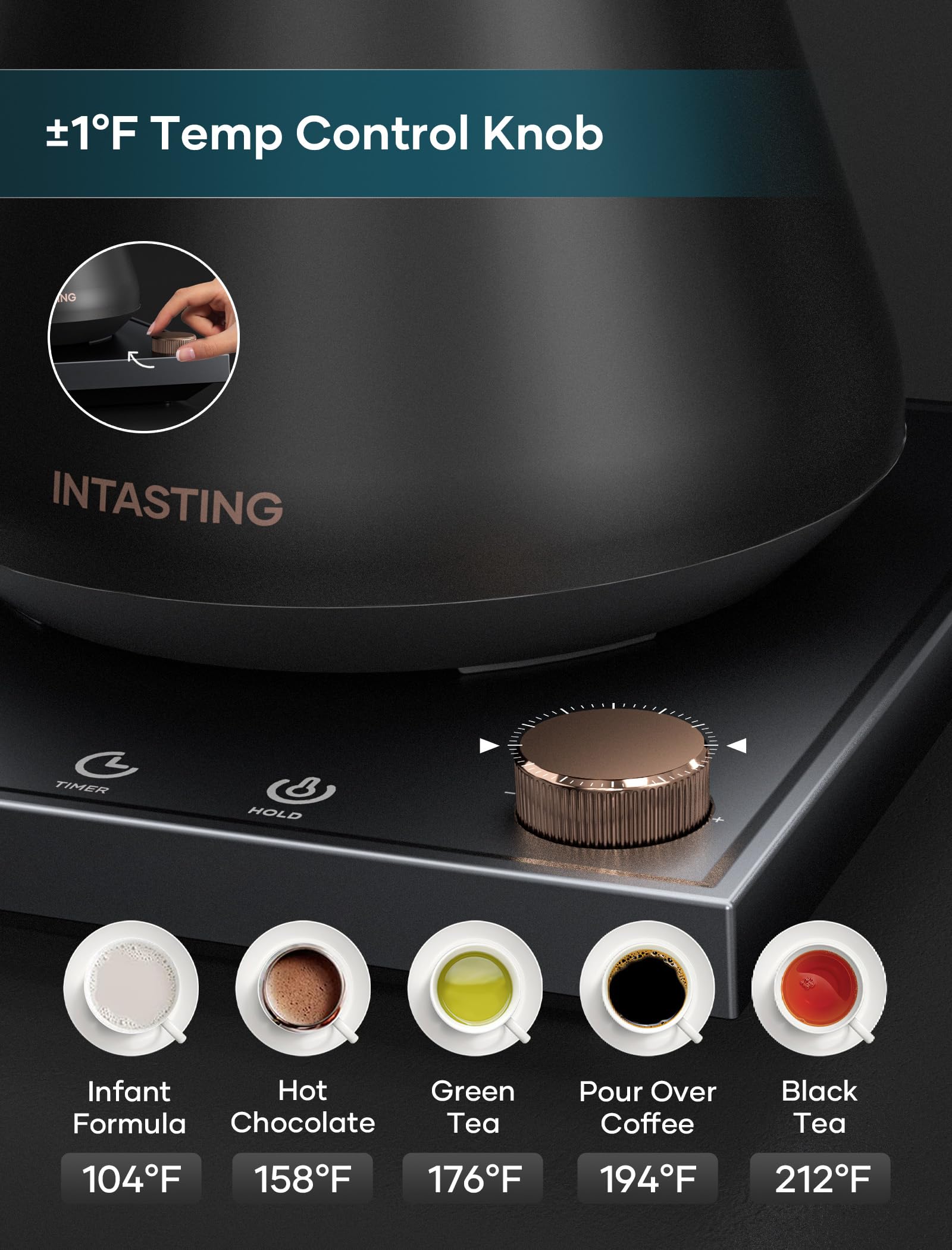 INTASTING digital display and brew stopwatch visible for timing and accuracy benefit