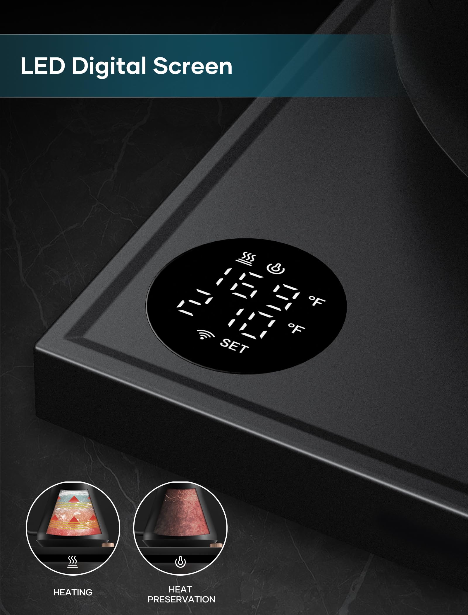 INTASTING kettle next to a mug showing 0.9L scale and compact countertop benefit