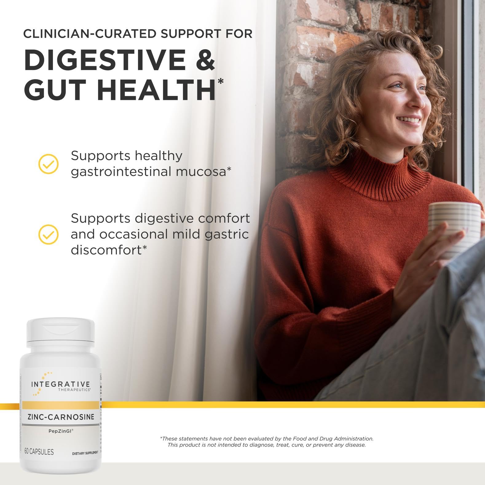 close-up of a single Integrative Therapeutics capsule highlighting easy-to-swallow size and vegan formula