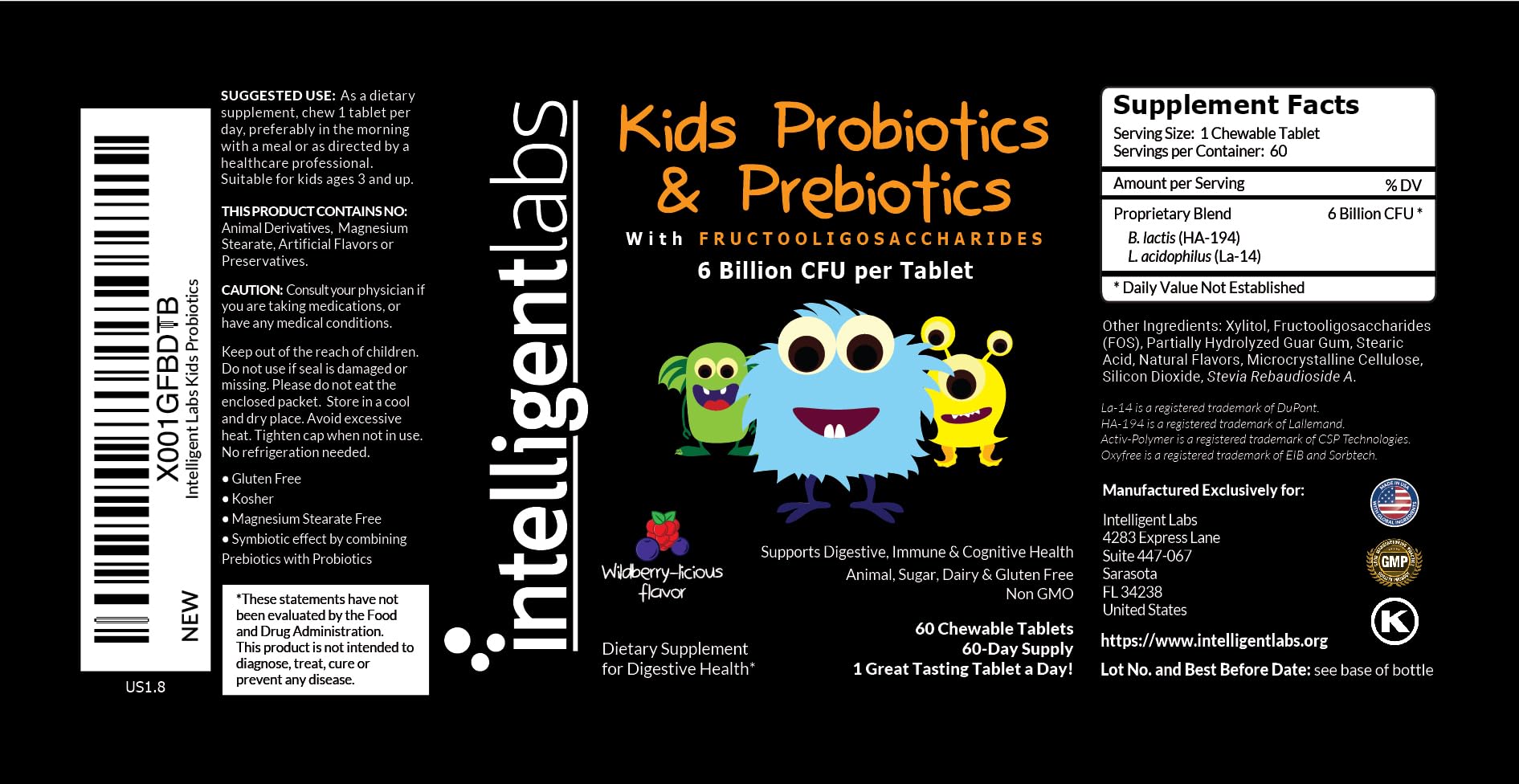 Ingredient label showing Intelligent Labs probiotic strains and sourcing clarity
