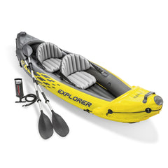 Intex Explorer K2 front view showing bright yellow hull and sporty graphics for visibility