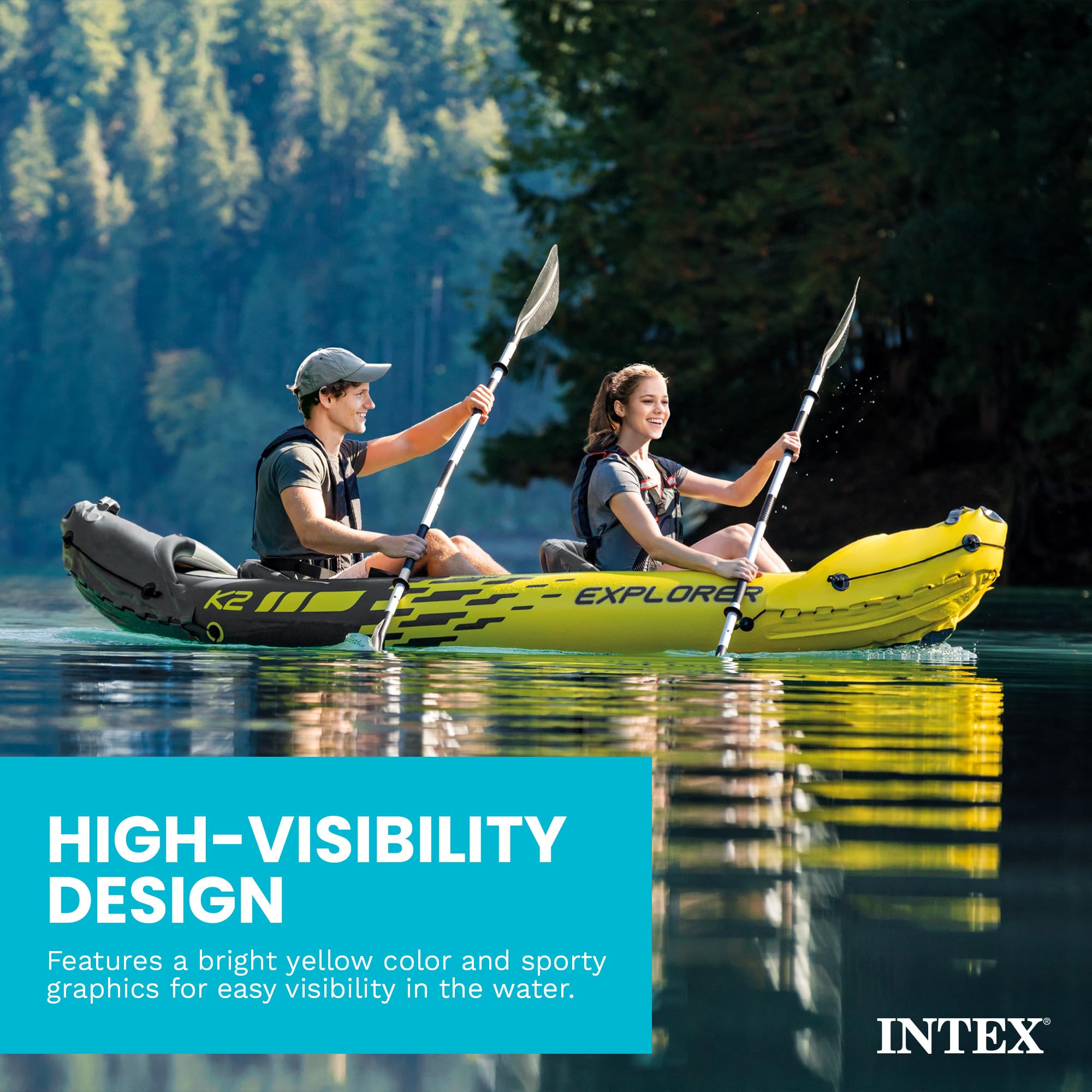 Intex Explorer K2 on a calm lake with two paddlers illustrating recreational use