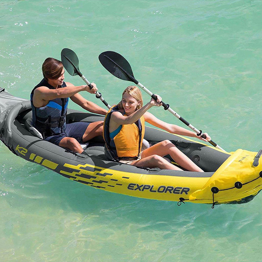 Intex Explorer K2 next to a person showing kayak length and real-world scale