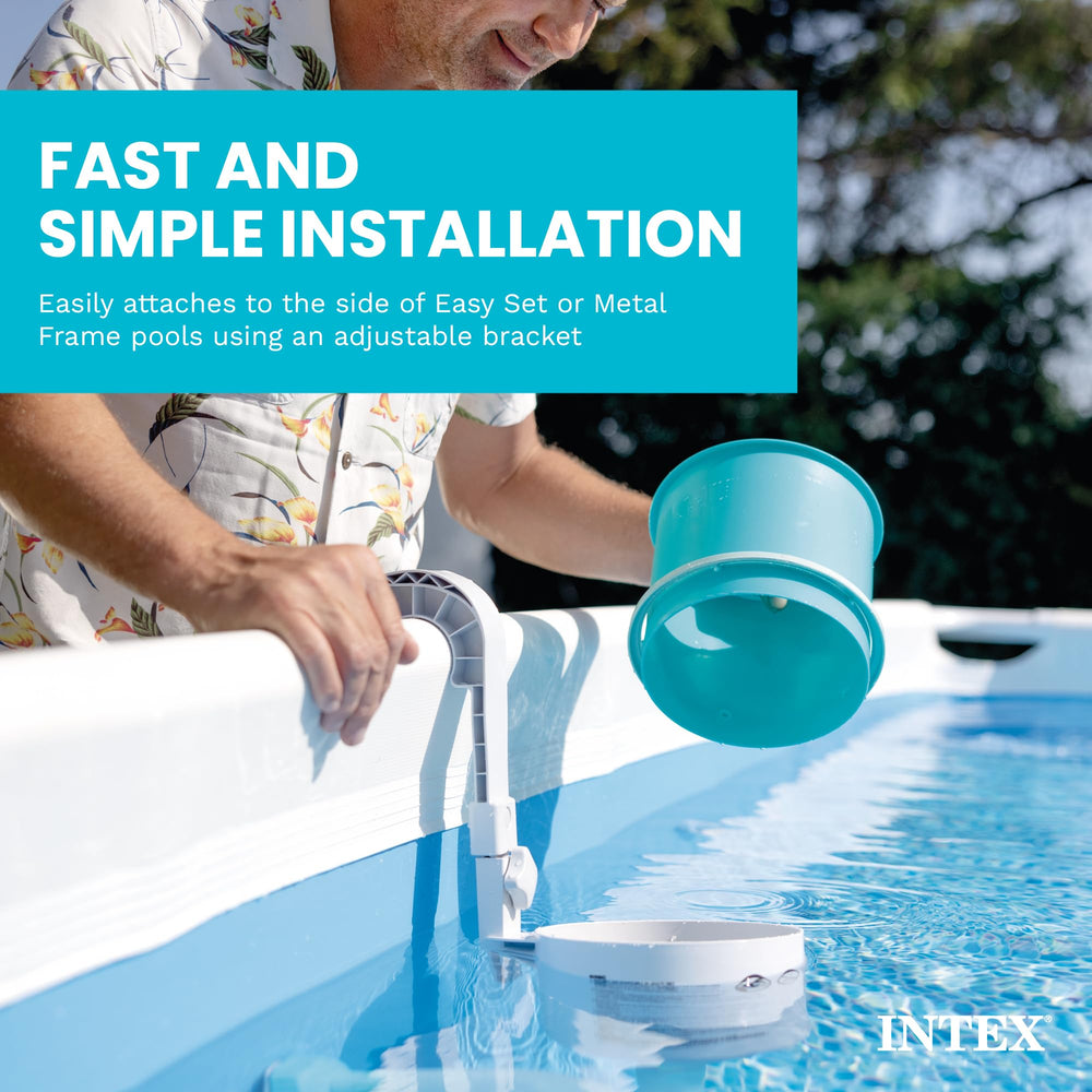 Intex skimmer mounted on Easy Set pool reducing surface debris benefit
