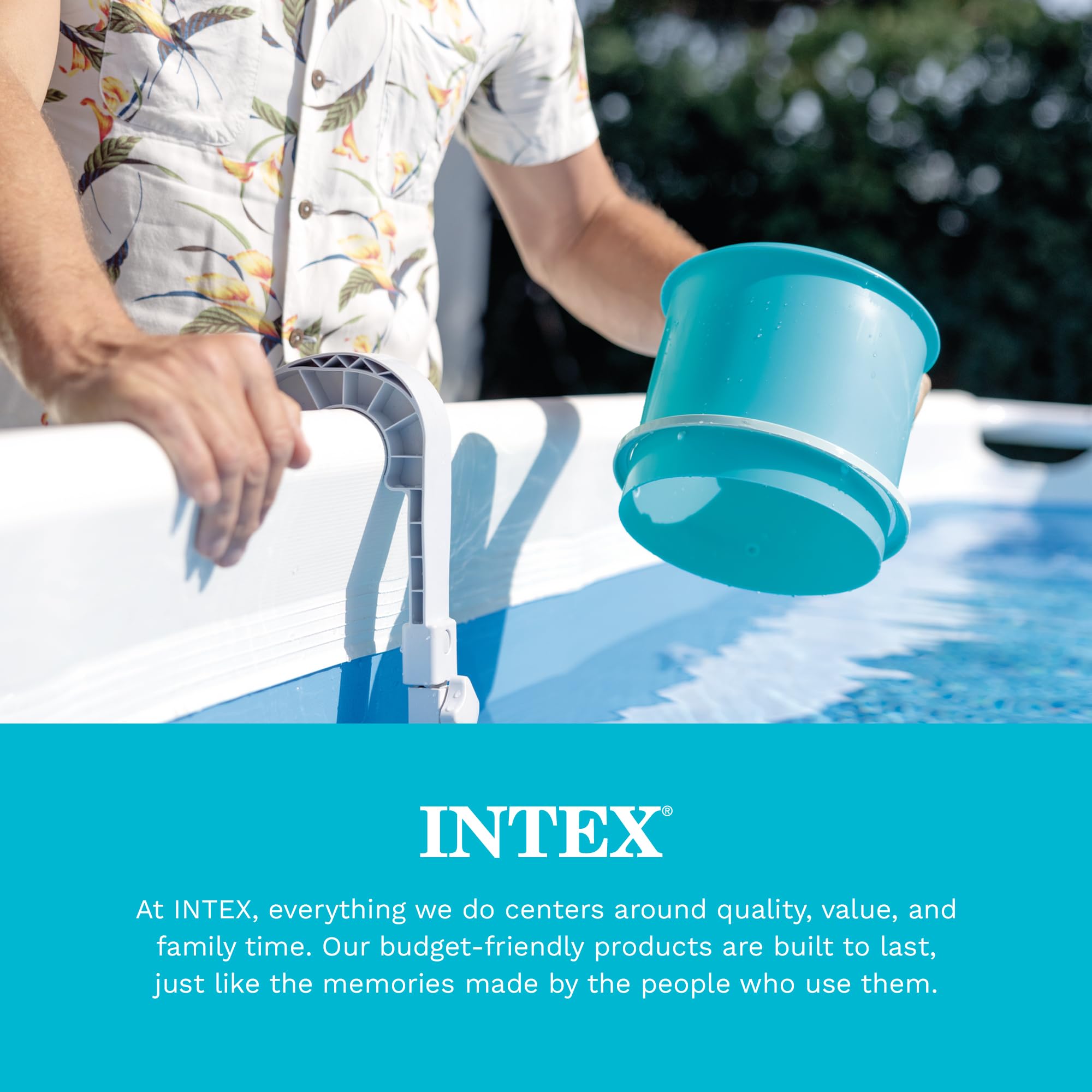 Intex skimmer next to a hand showing compact size and easy handling benefit