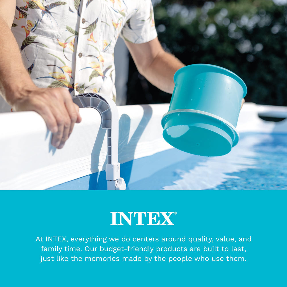Intex skimmer next to a hand showing compact size and easy handling benefit
