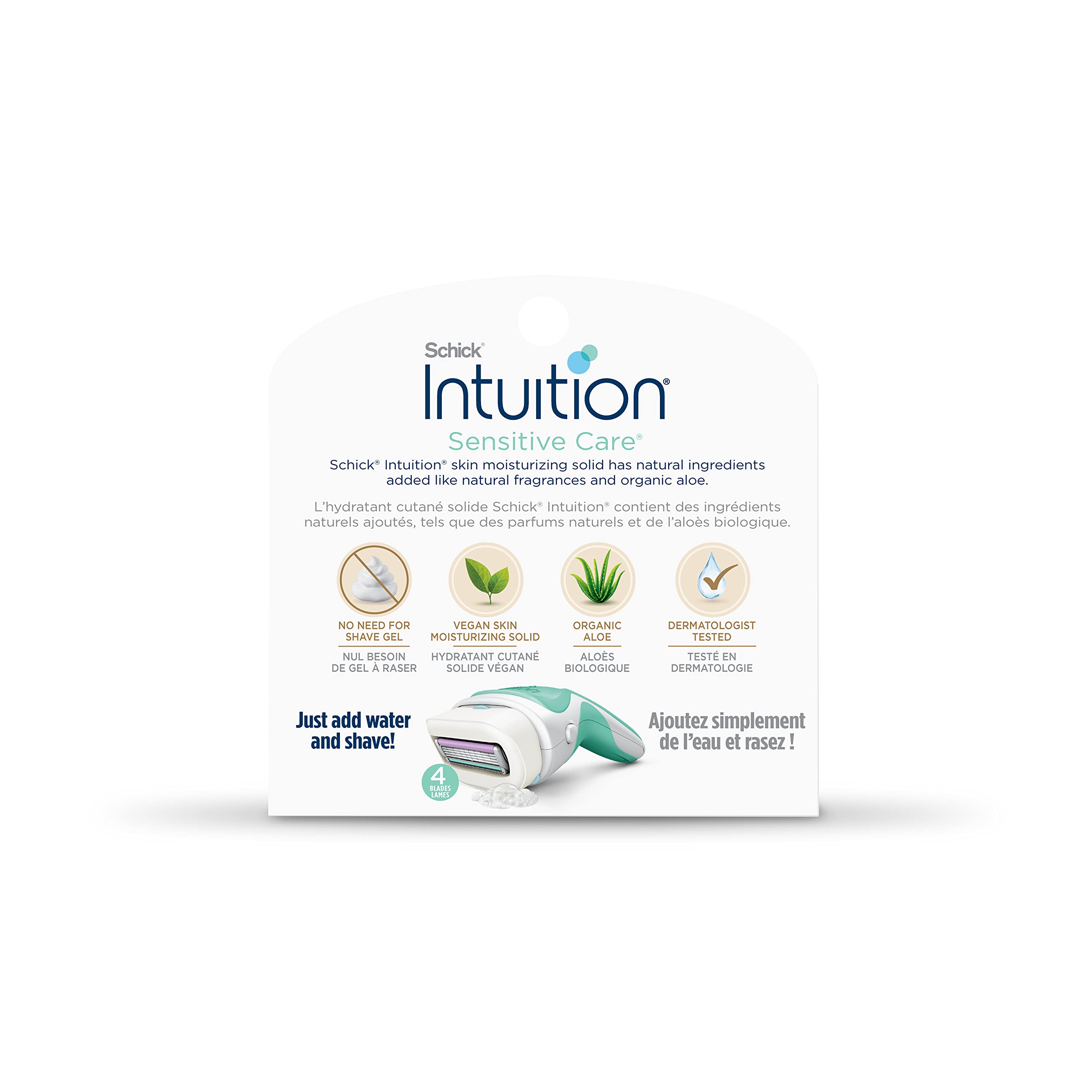 INTUITION Schick product label and ingredients highlighting aloe and vegan