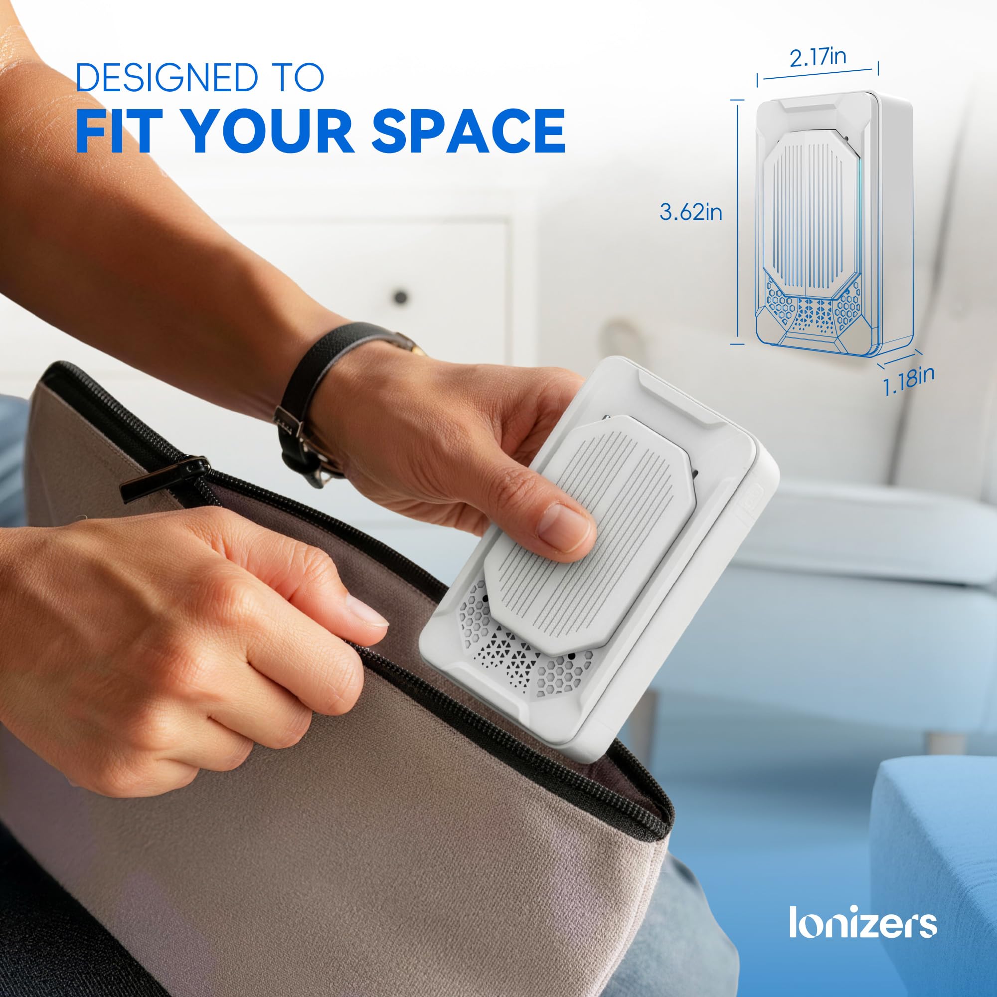 Ionizers beside a power outlet illustrating compact size and convenience benefit