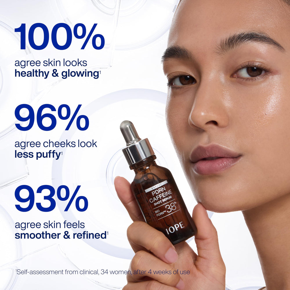 IOPE serum on vanity with plants showing refreshed, balanced skin result