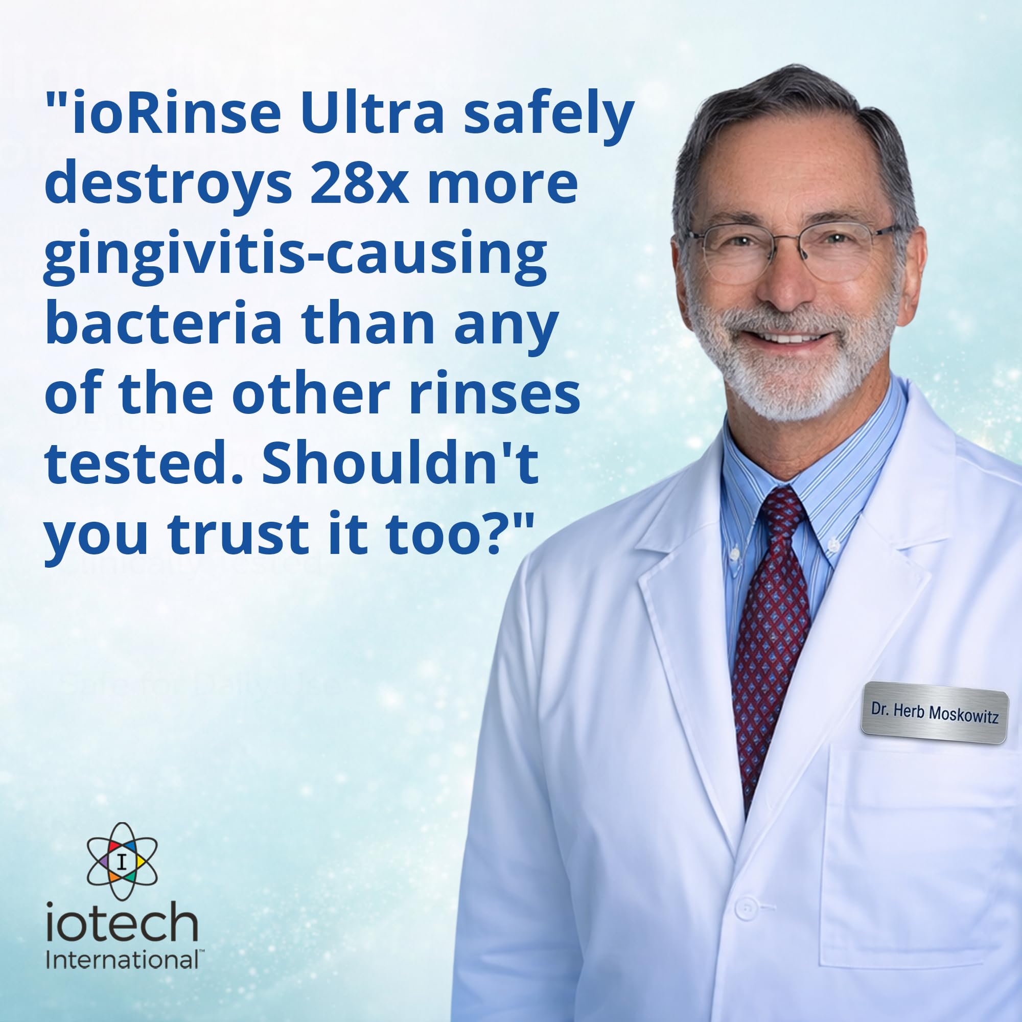 Dental professional holding Iotech ioRinse in clinic for office use