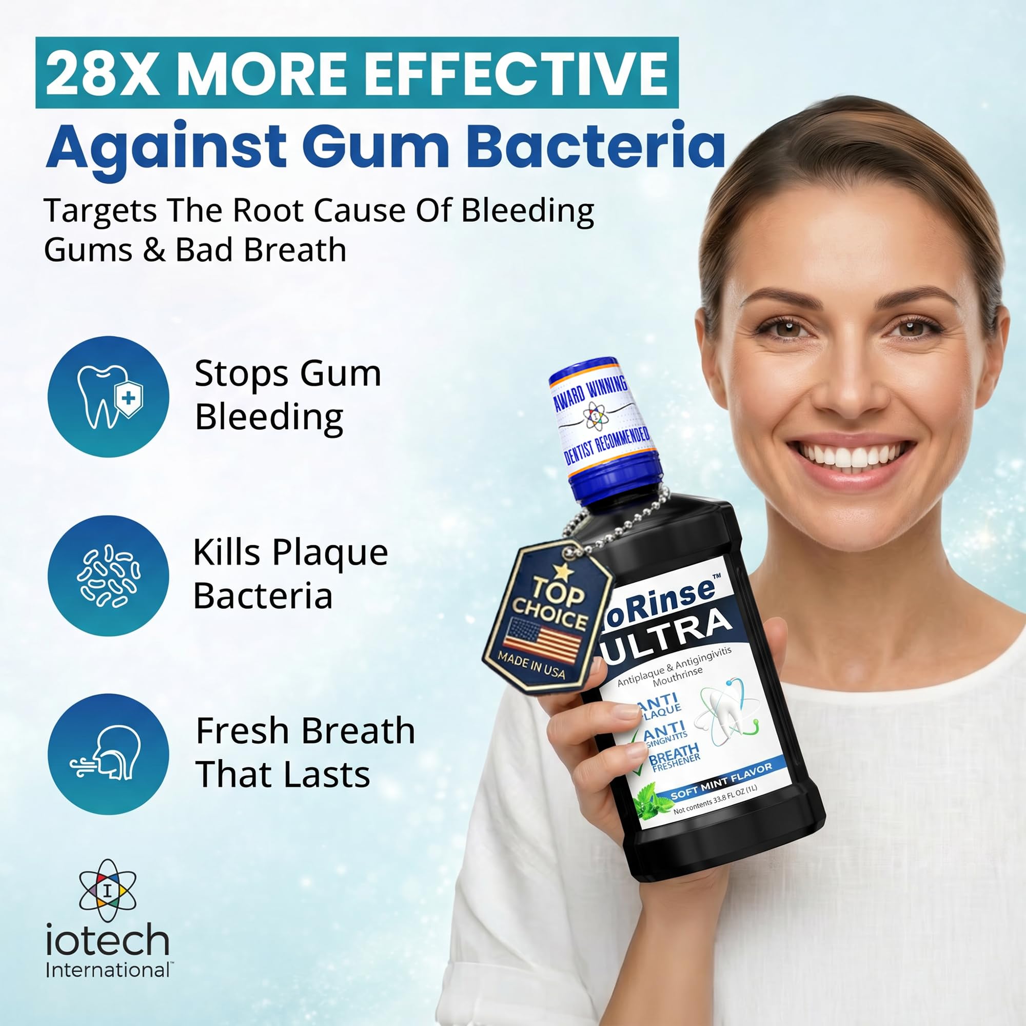 Iotech ioRinse label close-up highlighting molecular iodine and xylitol benefits