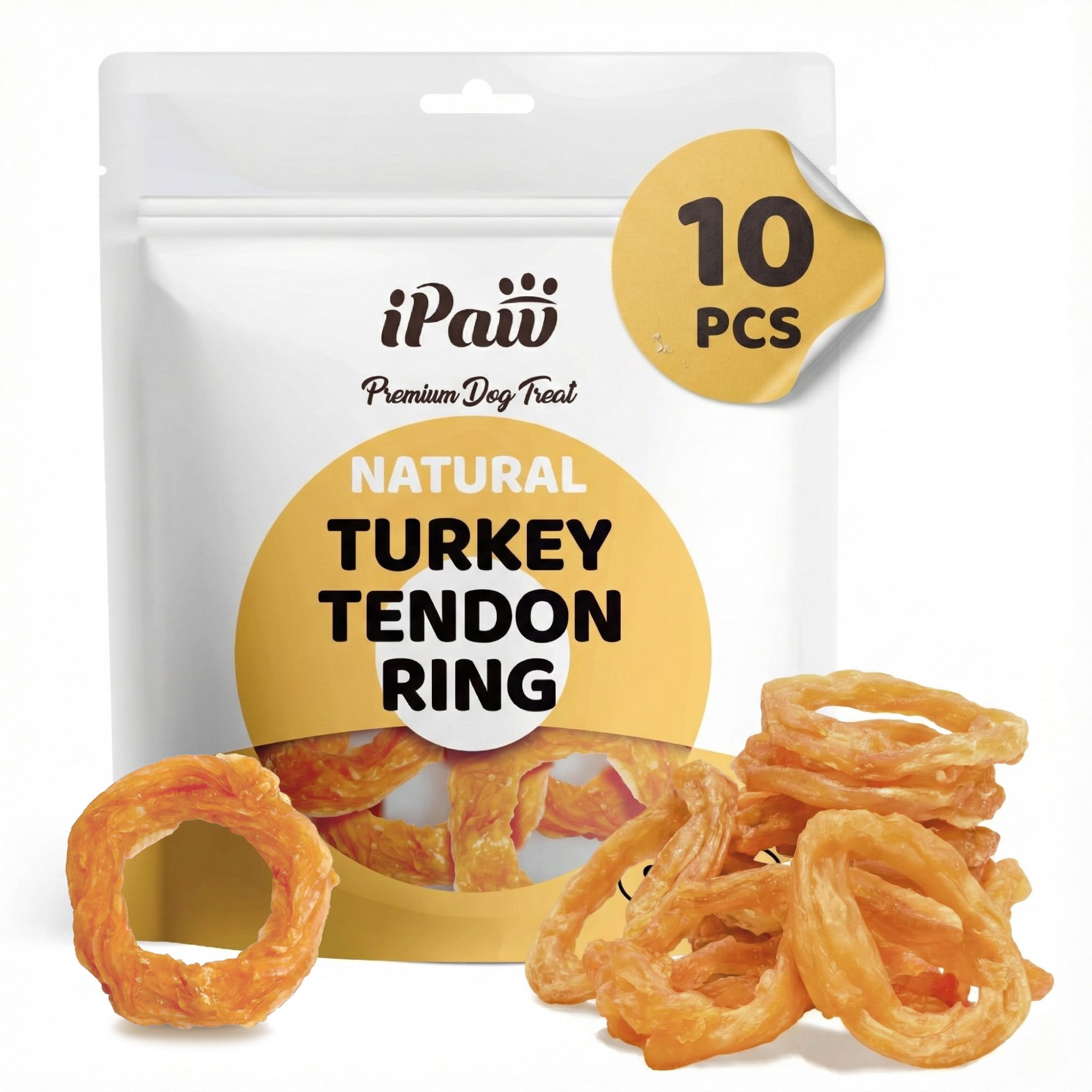 iPaw front packaging showing 10-pack turkey tendon rings and clear labeling benefit