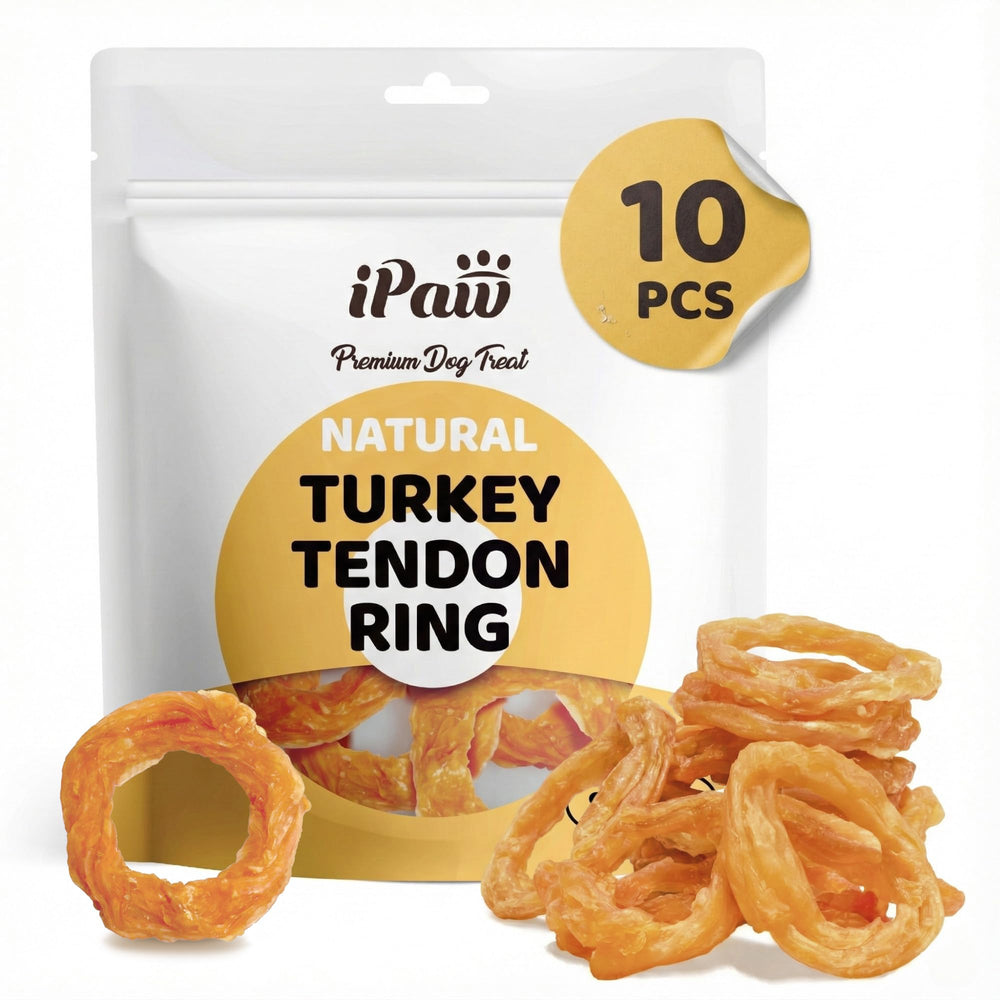 iPaw front packaging showing 10-pack turkey tendon rings and clear labeling benefit