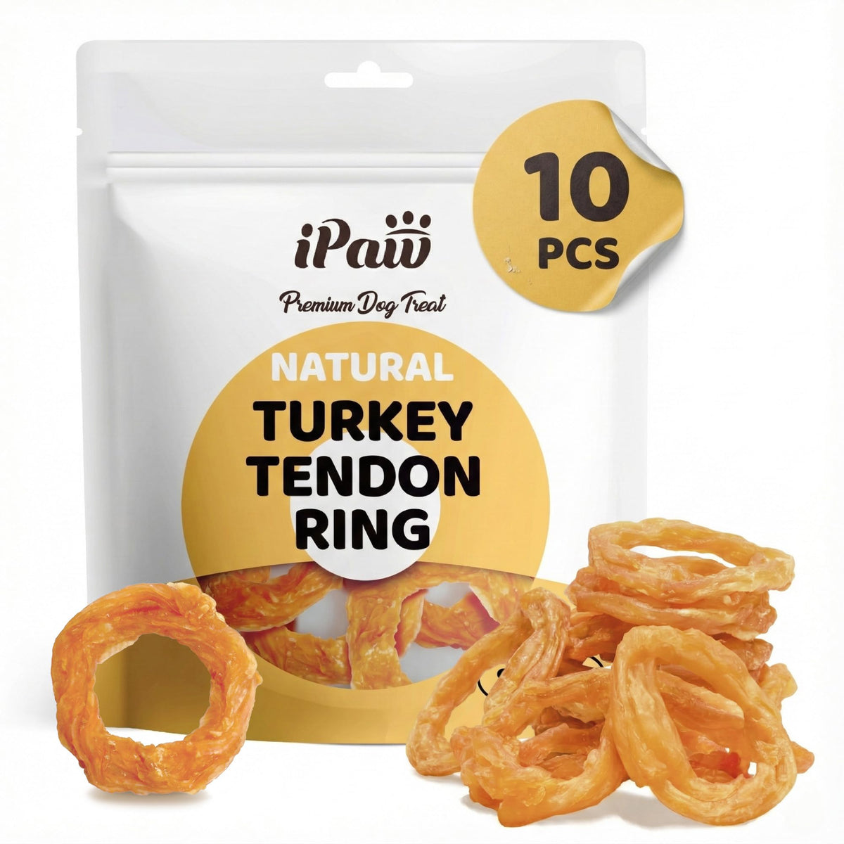 iPaw front packaging showing 10-pack turkey tendon rings and clear labeling benefit