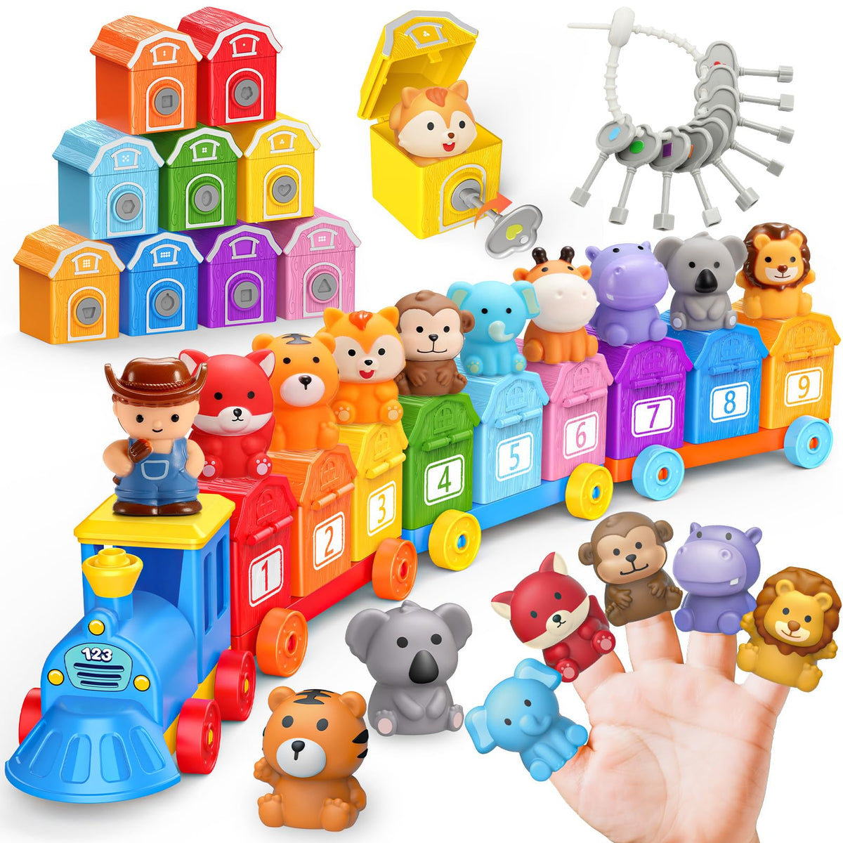 IPOURUP animal train front packaging showing colorful learning benefits