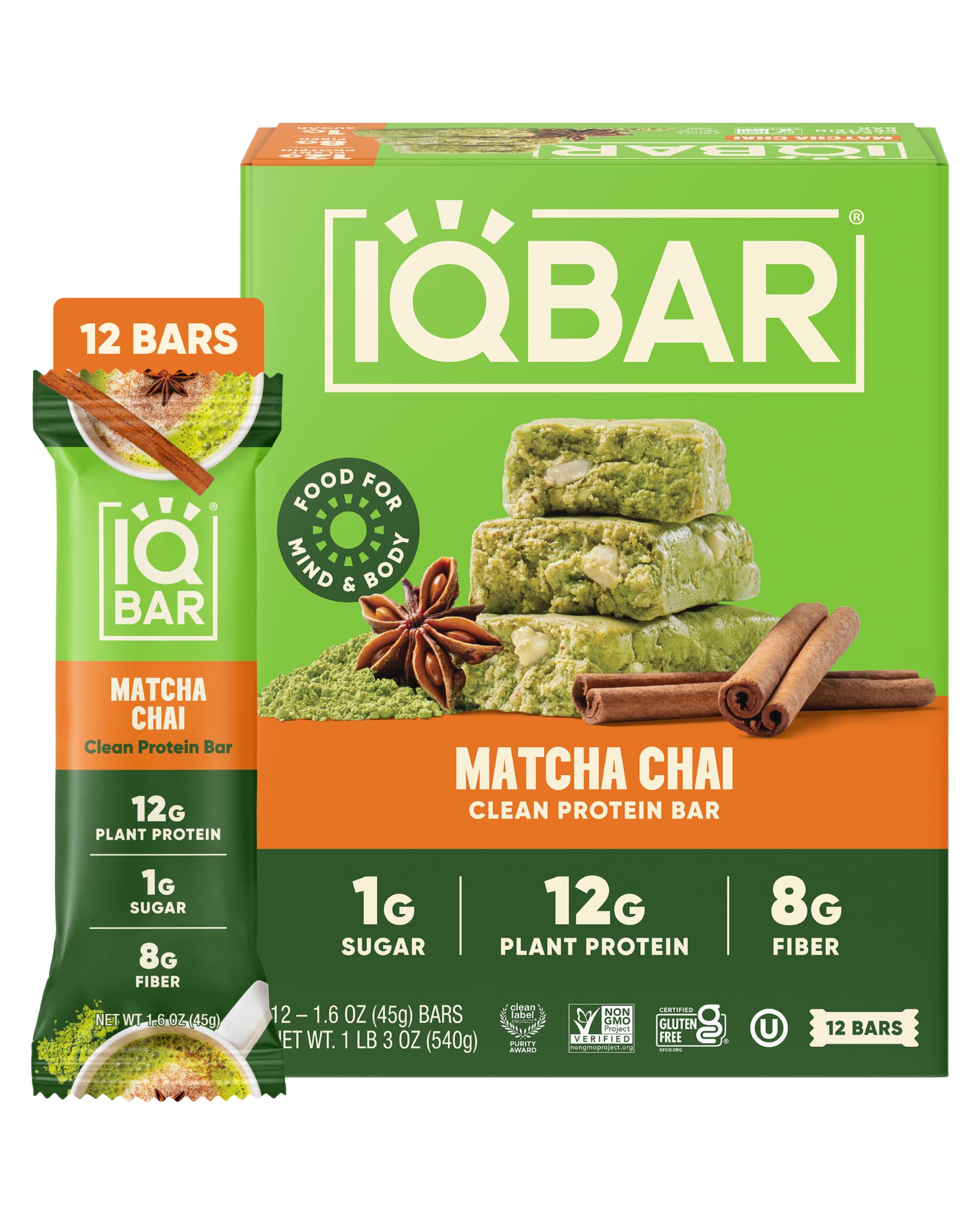 IQBAR Matcha Chai front packaging showing clean-label badge and benefits