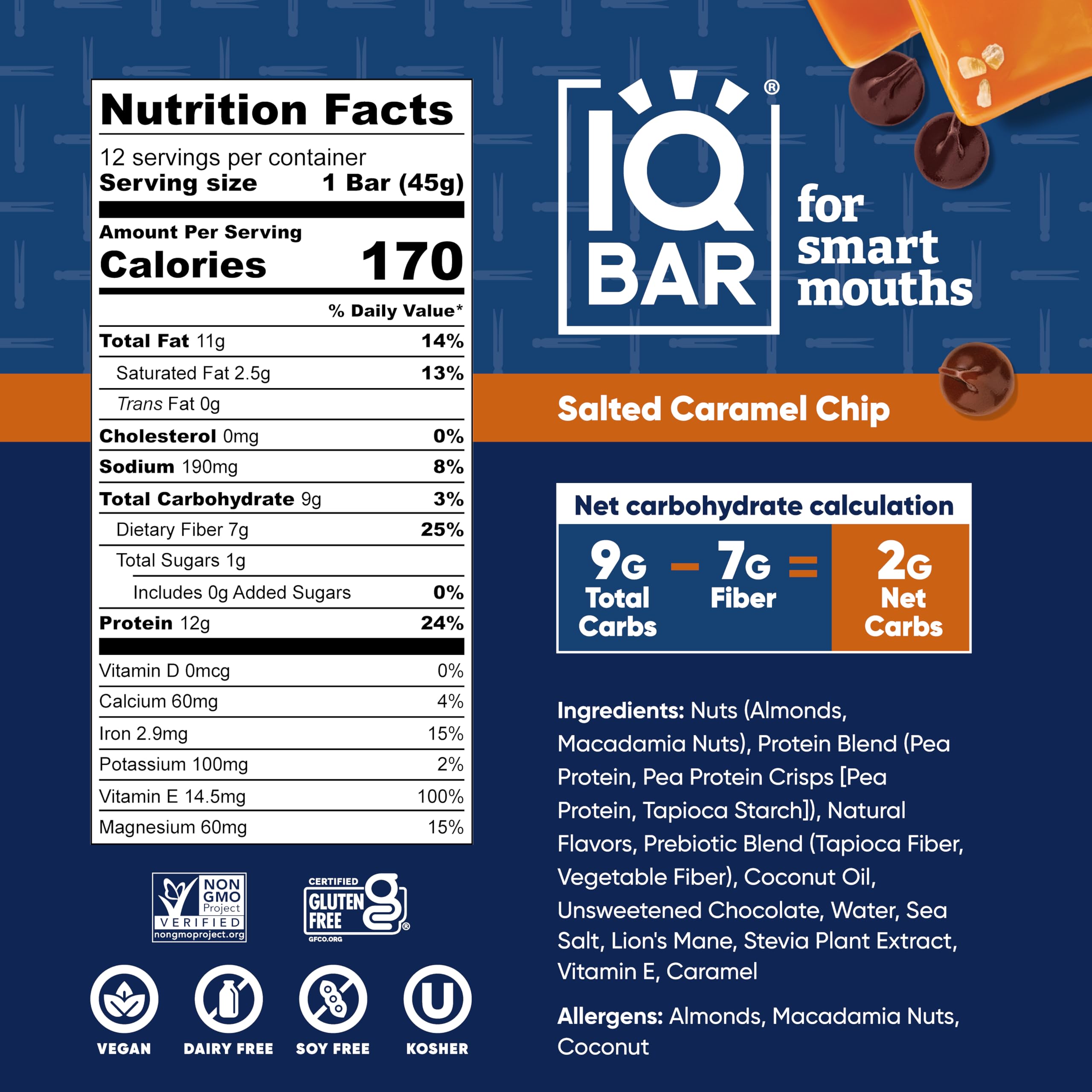 IQBAR nutrition label close-up highlighting low sugar and fiber content