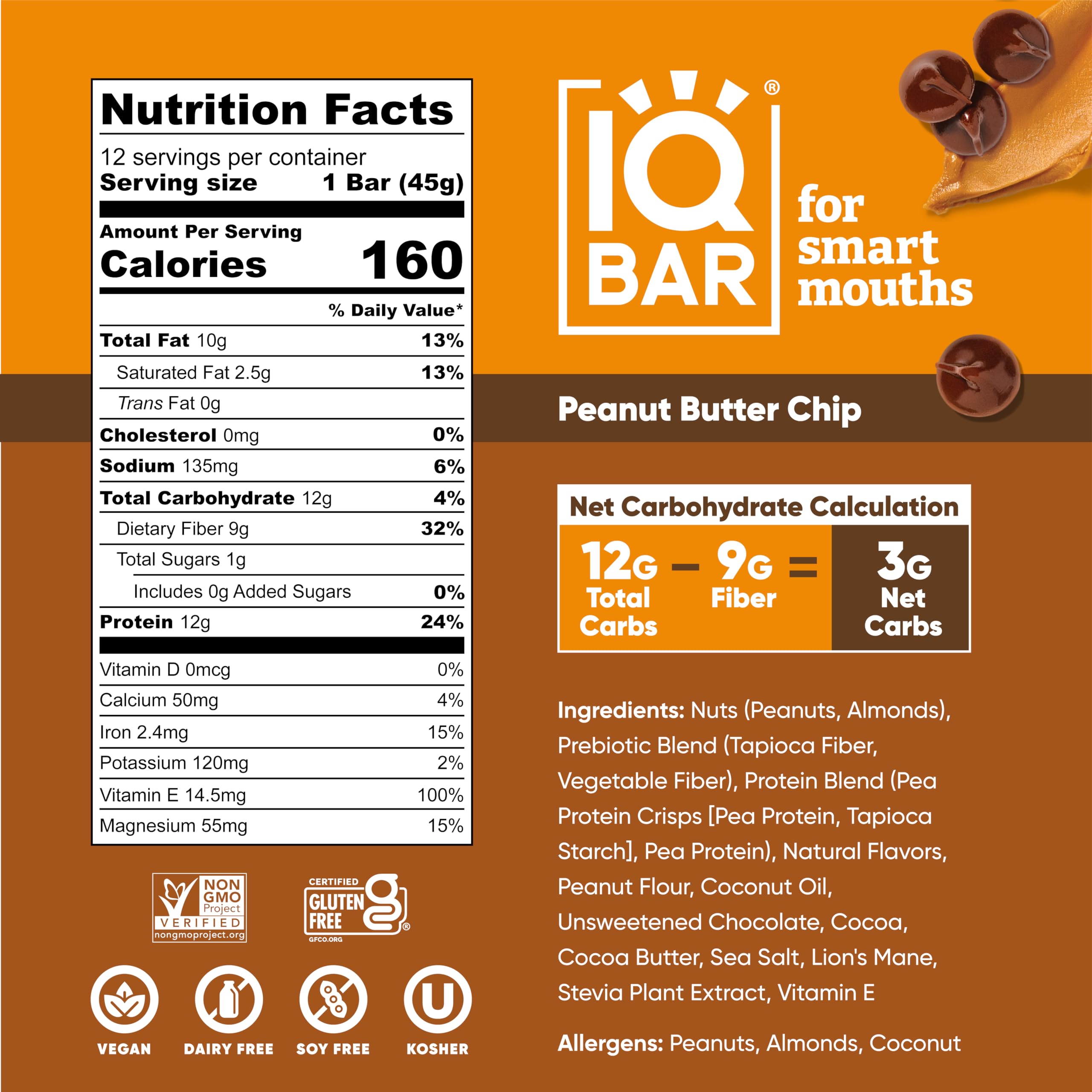 IQBAR peanut butter chip close-up texture showing high-fiber bite