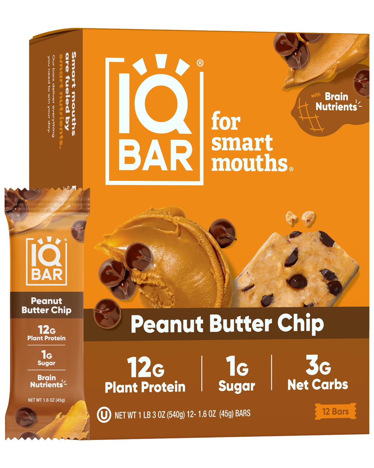 IQBAR peanut butter chip front packaging showing clean-label benefits