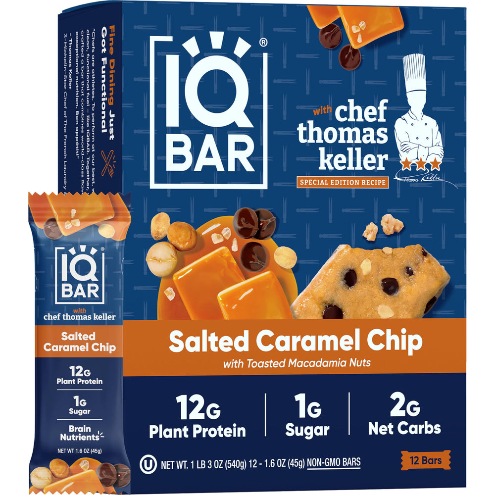 IQBAR Salted Caramel Chip front packaging showing clean-label benefits
