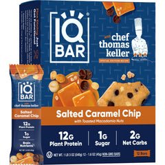 IQBAR Salted Caramel Chip front packaging showing clean-label benefits