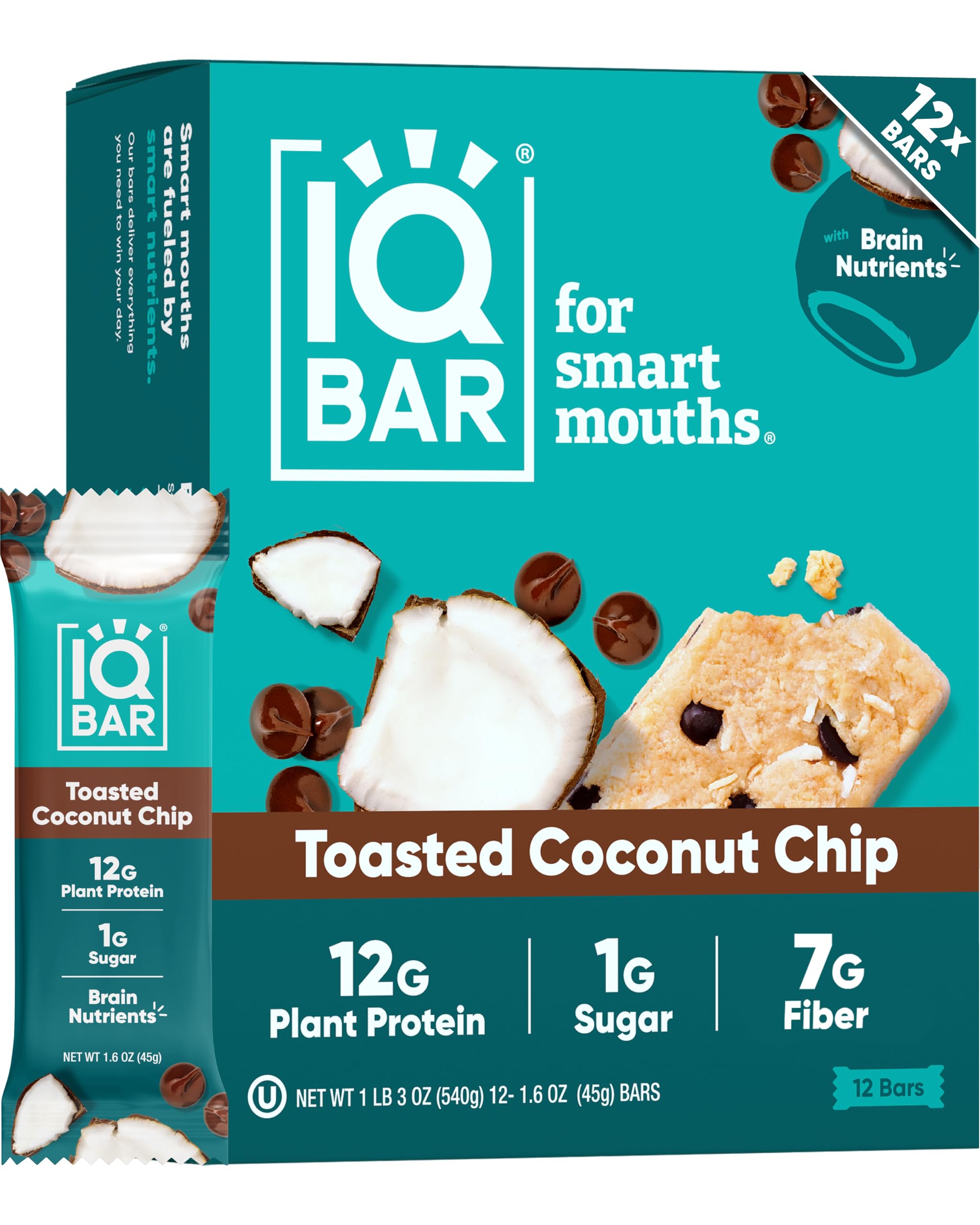 IQBAR front packaging showing toasted coconut flavor and clean-label benefit