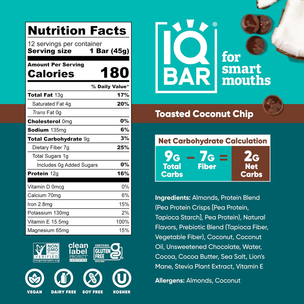IQBAR nutrition label detail highlighting low sugar and functional nutrients