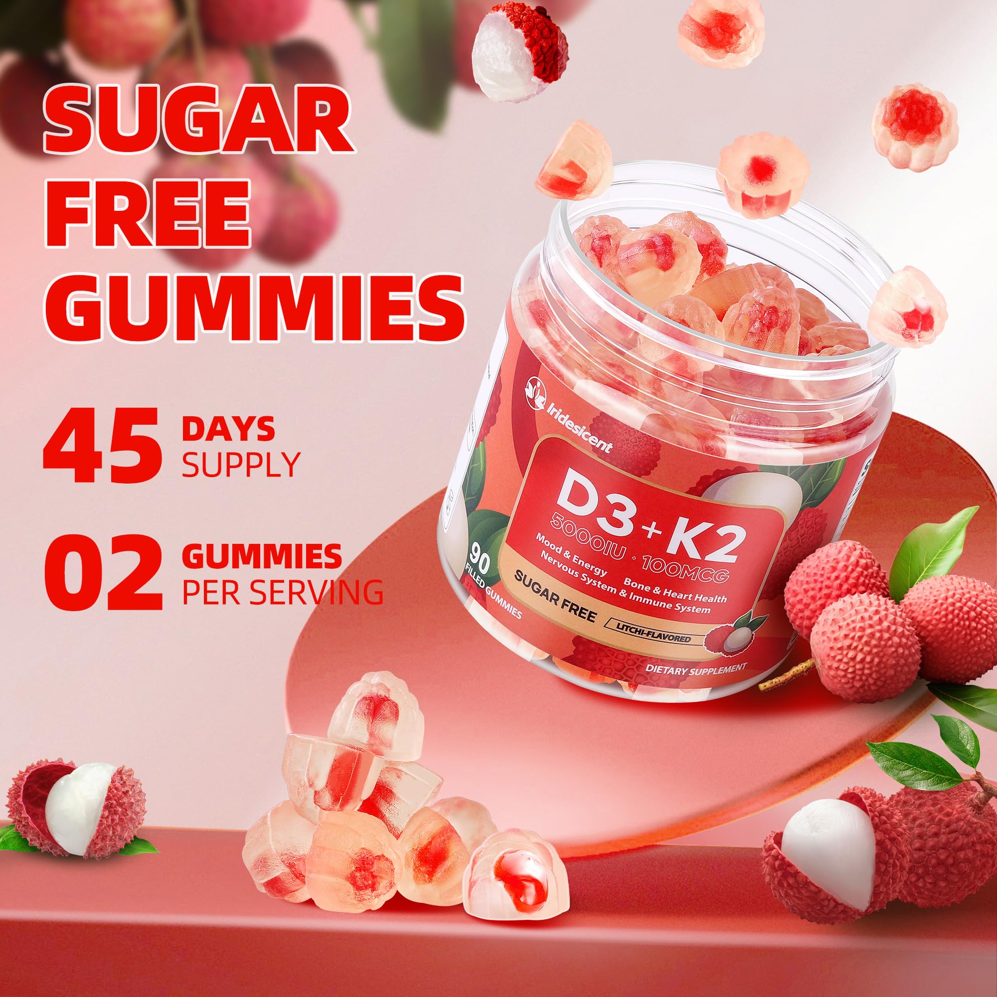 IRIDESICENT gummies beside lychee fruit suggesting natural flavor