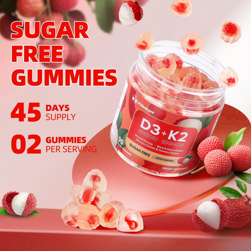 IRIDESICENT gummies beside lychee fruit suggesting natural flavor