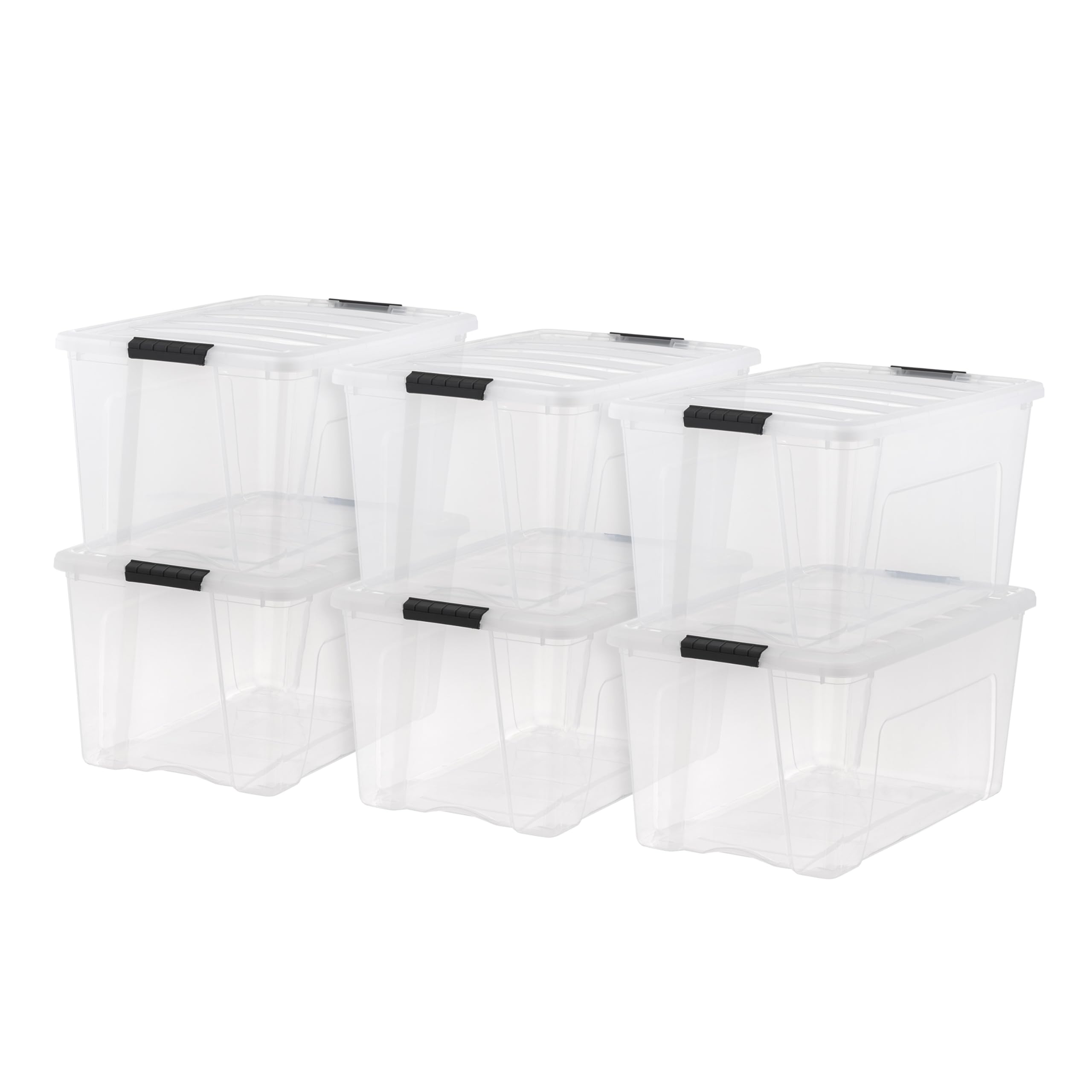 IRIS USA clear 72-quart bins front packaging showing capacity and stackable benefit