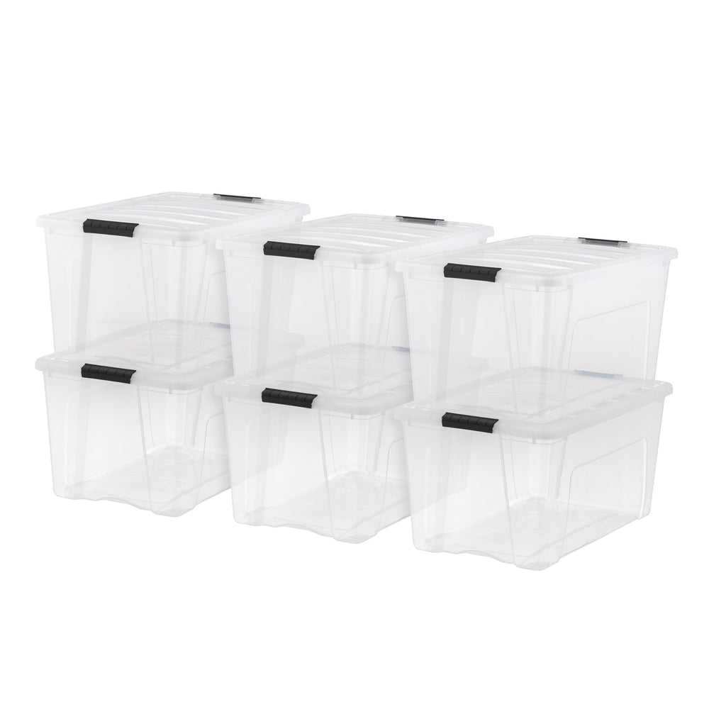 IRIS USA clear 72-quart bins front packaging showing capacity and stackable benefit