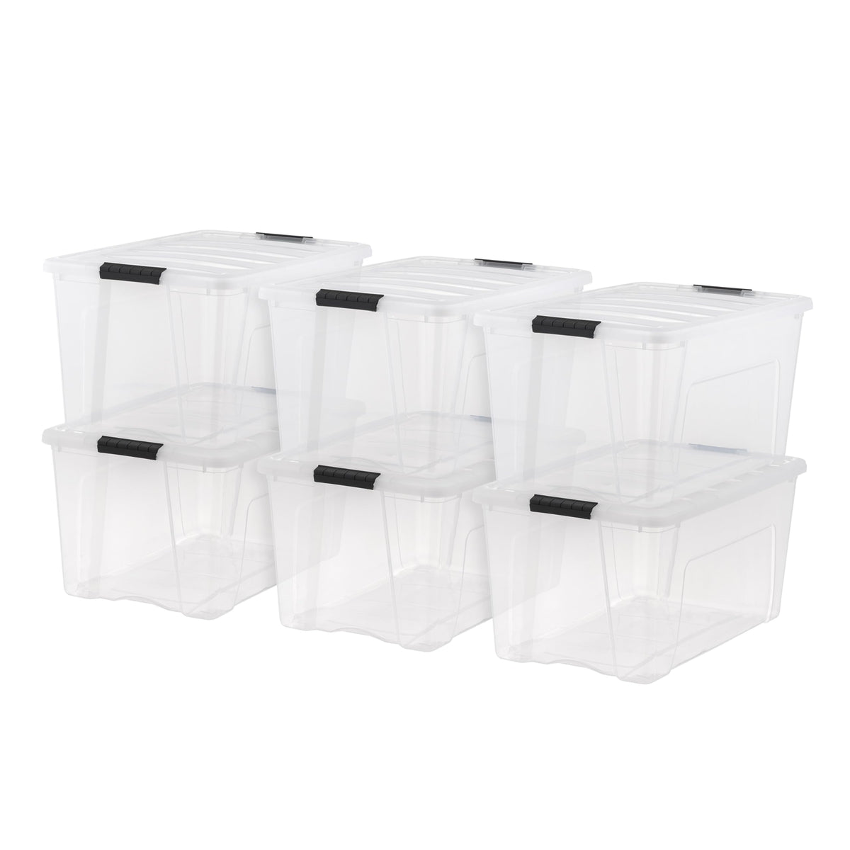 IRIS USA clear 72-quart bins front packaging showing capacity and stackable benefit
