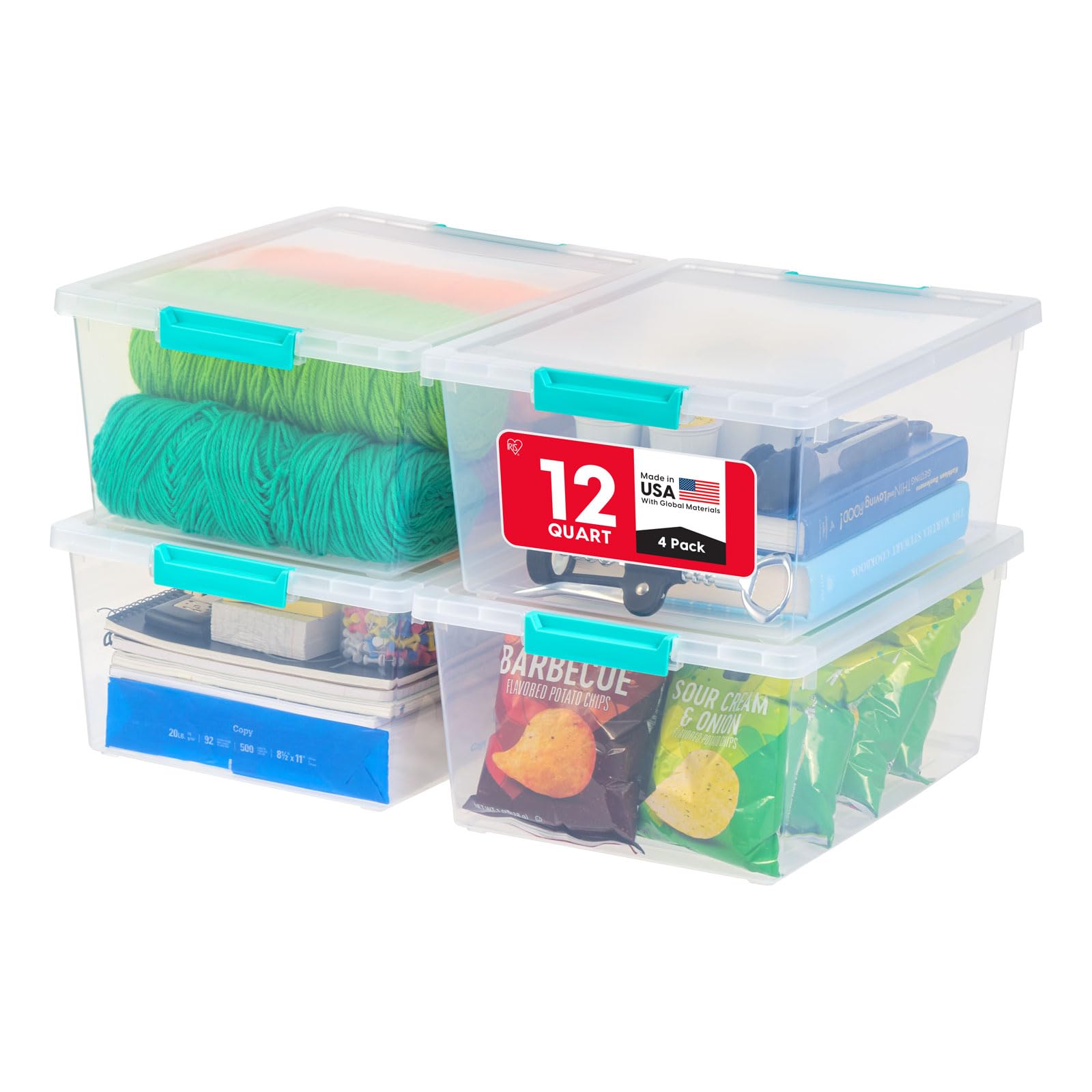 IRIS USA front view of four clear bins showing space-saving benefit