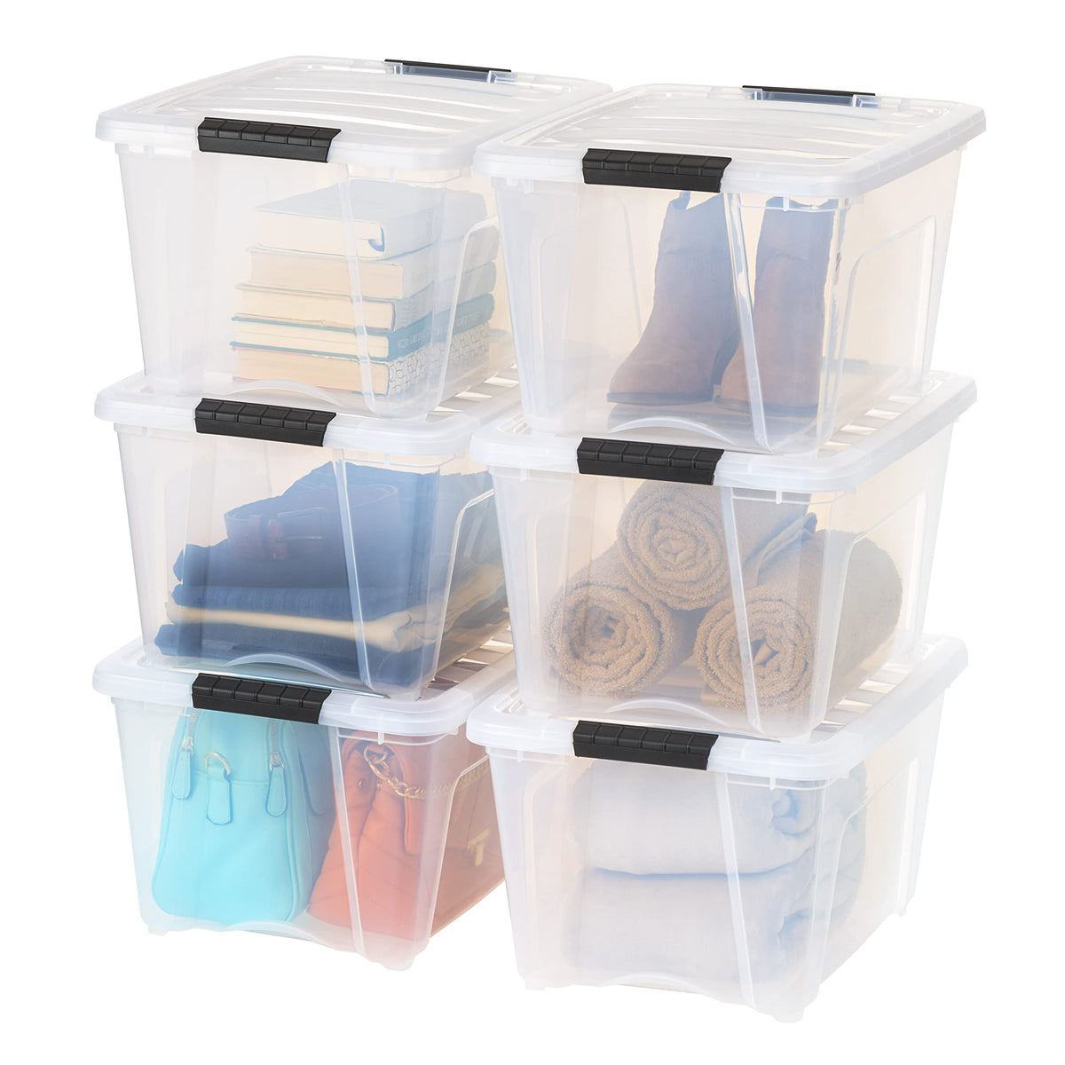 IRIS USA front view of 6-pack clear bins showing product grouping and space savings