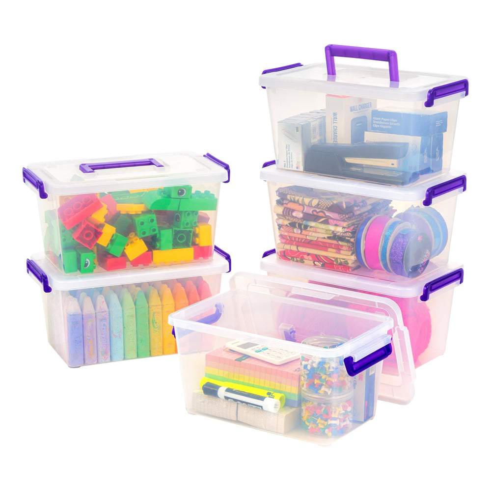 IRIS USA front packaging showing six clear 5 qt bins for easy identification
