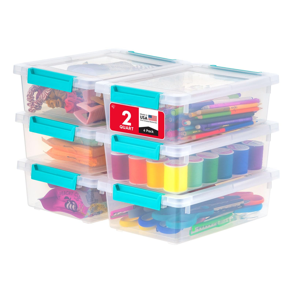 IRIS USA front packaging showing six clear 2 qt bins and lids for organized storage