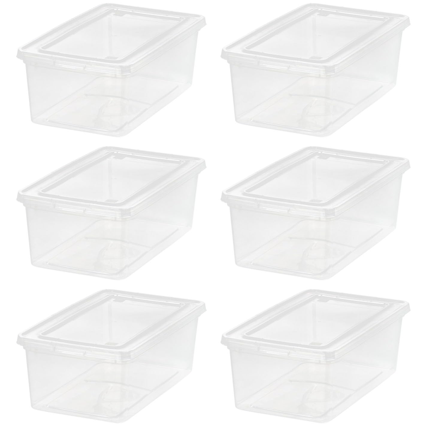 IRIS USA front view of six clear bins showing tidy storage benefits