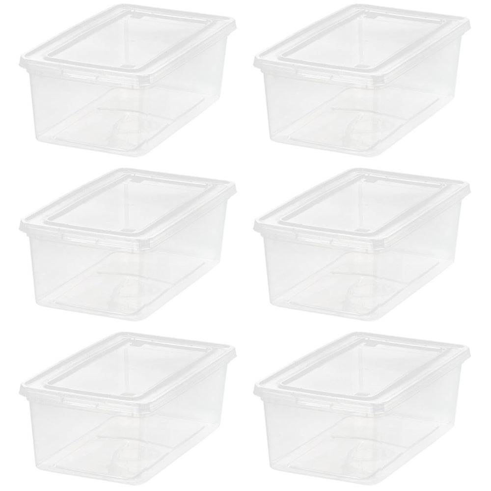 IRIS USA front view of six clear bins showing tidy storage benefits