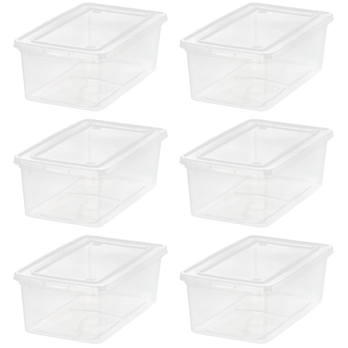 IRIS USA front view of six clear bins showing tidy storage benefits