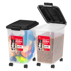 IRIS USA front view of two black airtight pet food bins showing organization benefit