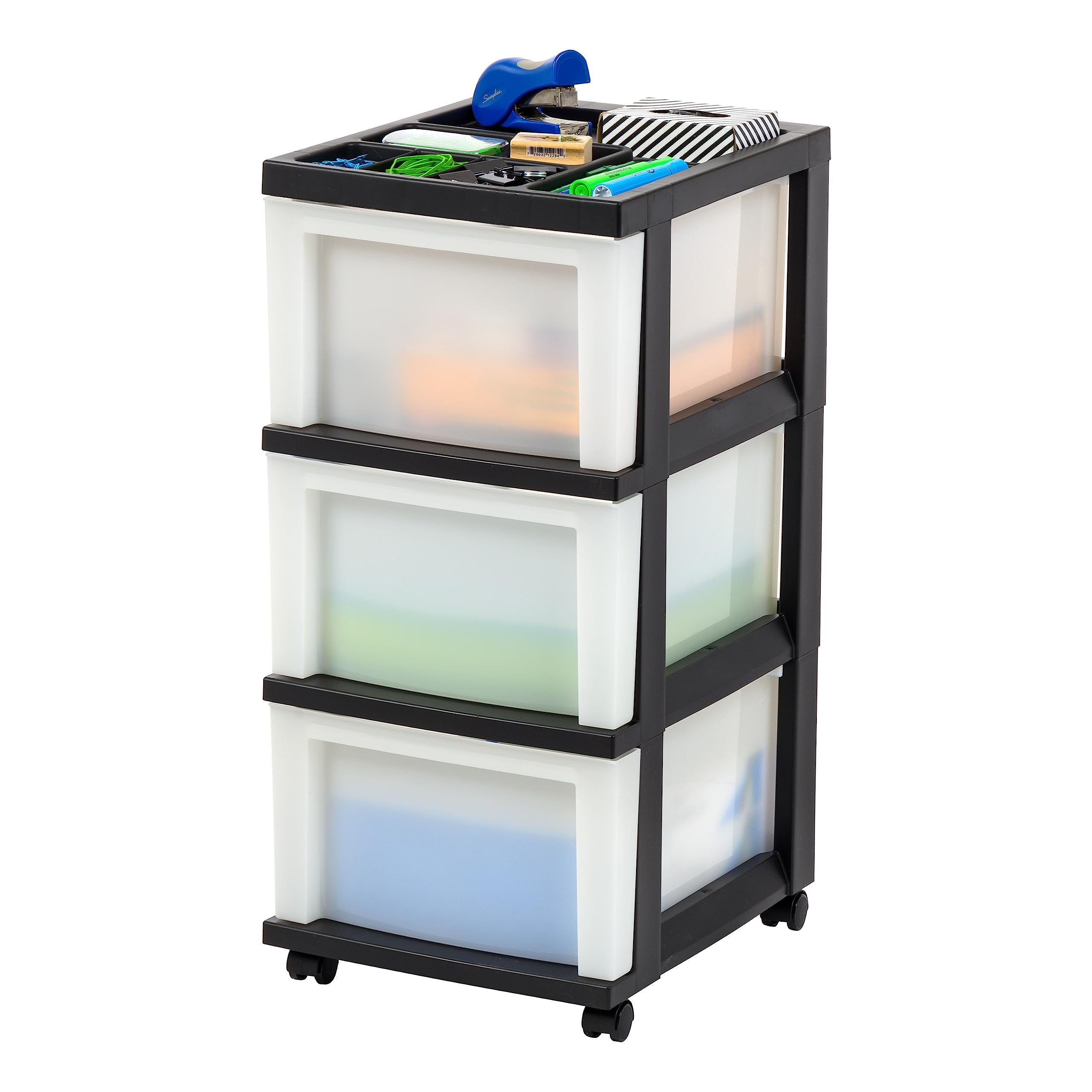 IRIS USA lifestyle bathroom scene showing cart used for toiletries and tidy countertop storage