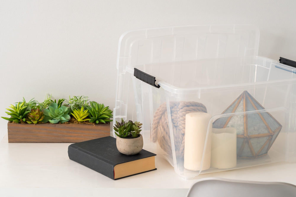 IRIS USA organized closet with stacked clear bins for efficient room storage