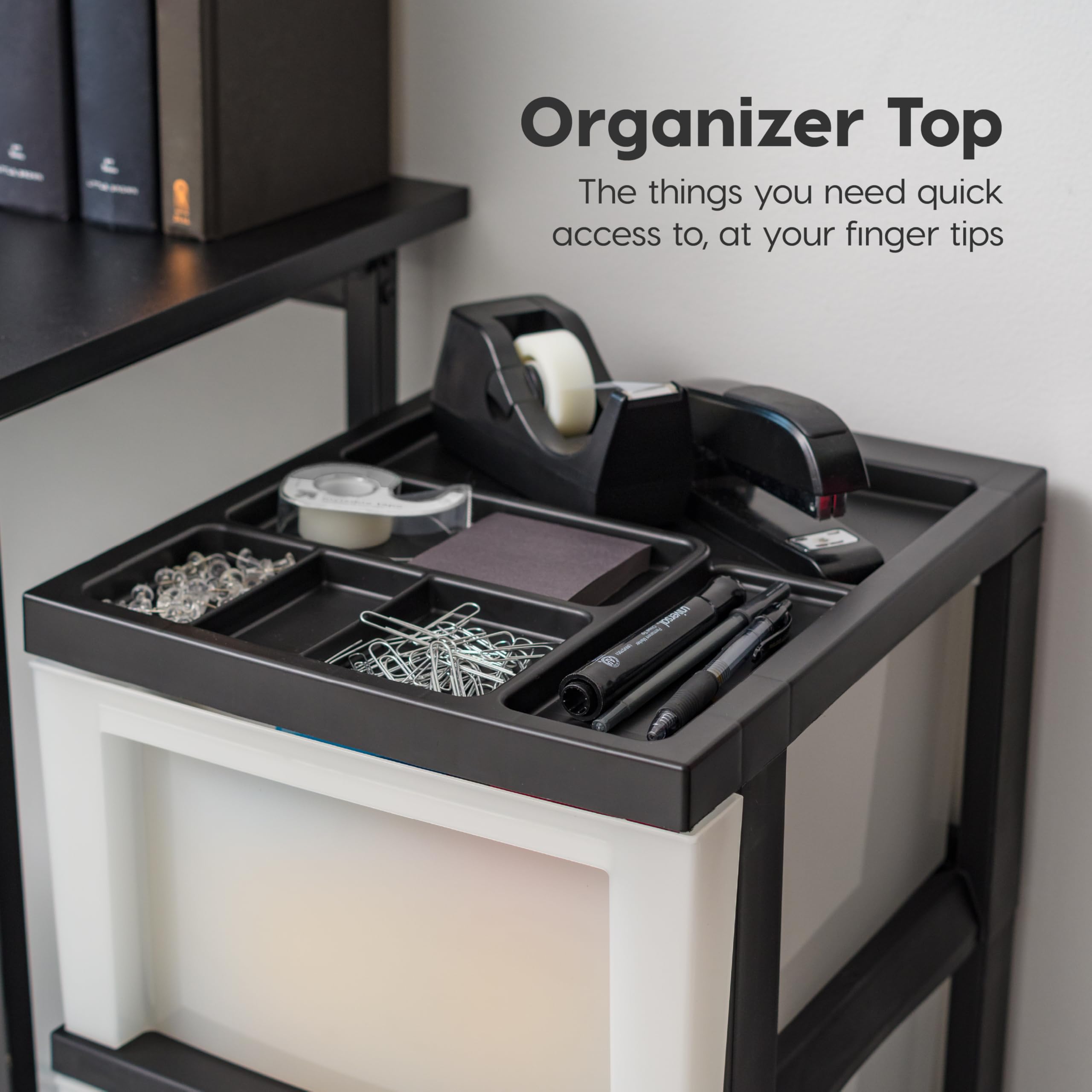 IRIS USA two shallow drawers holding stationery and craft supplies for quick organization