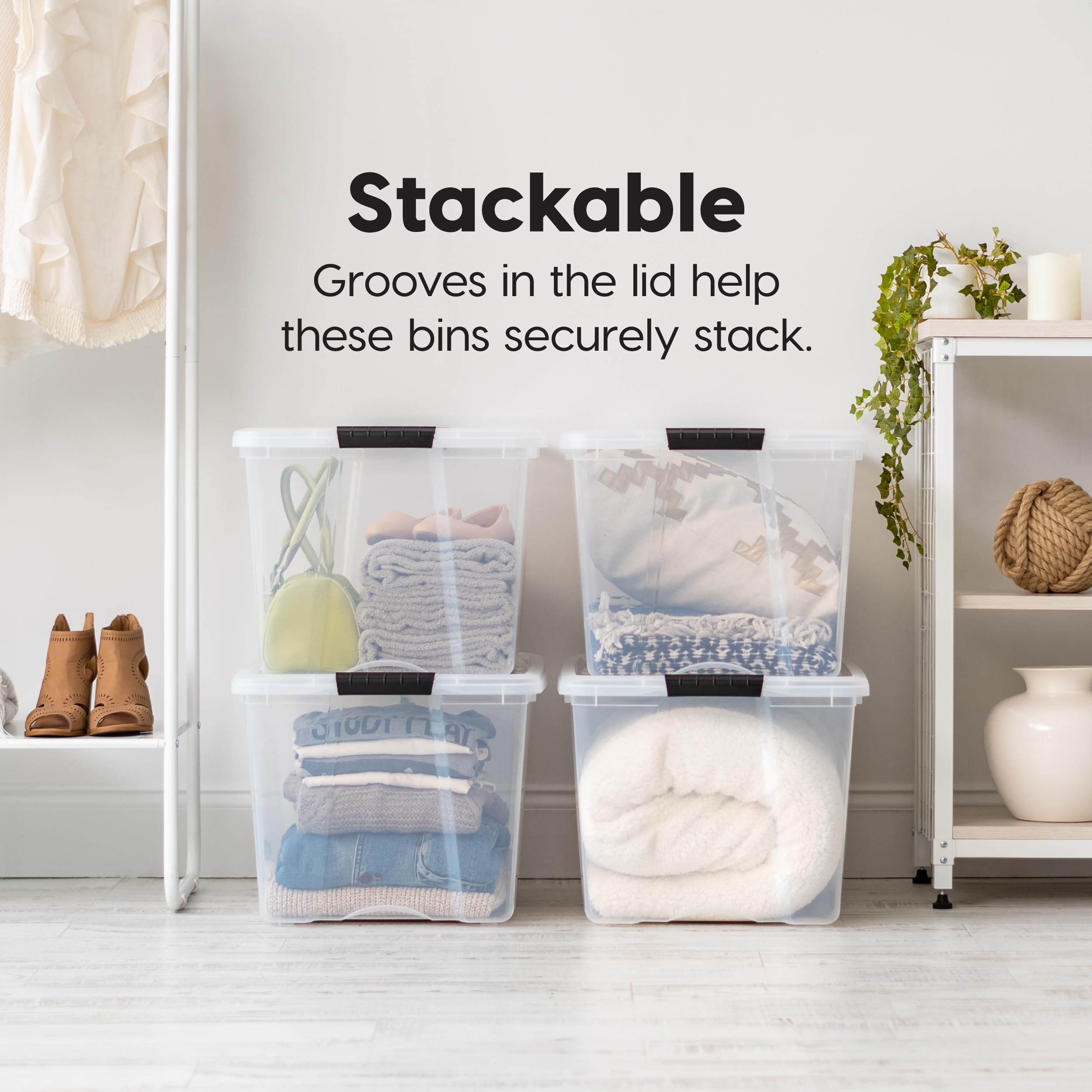 IRIS USA bins stacked on shelf maximizing vertical storage