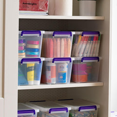 IRIS USA bins stacked on shelf saving vertical space and reducing clutter