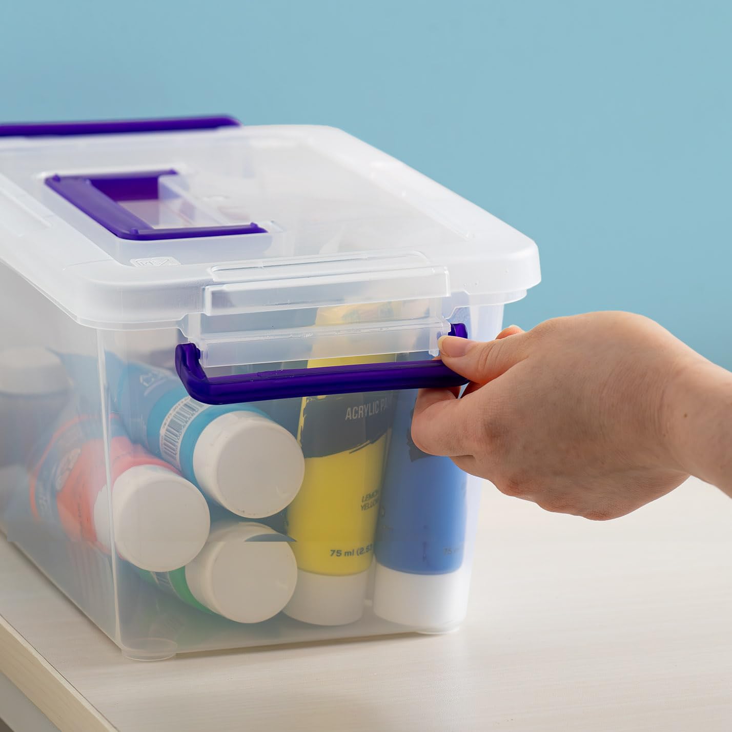 IRIS USA bin filled with craft supplies illustrating organized storage solution