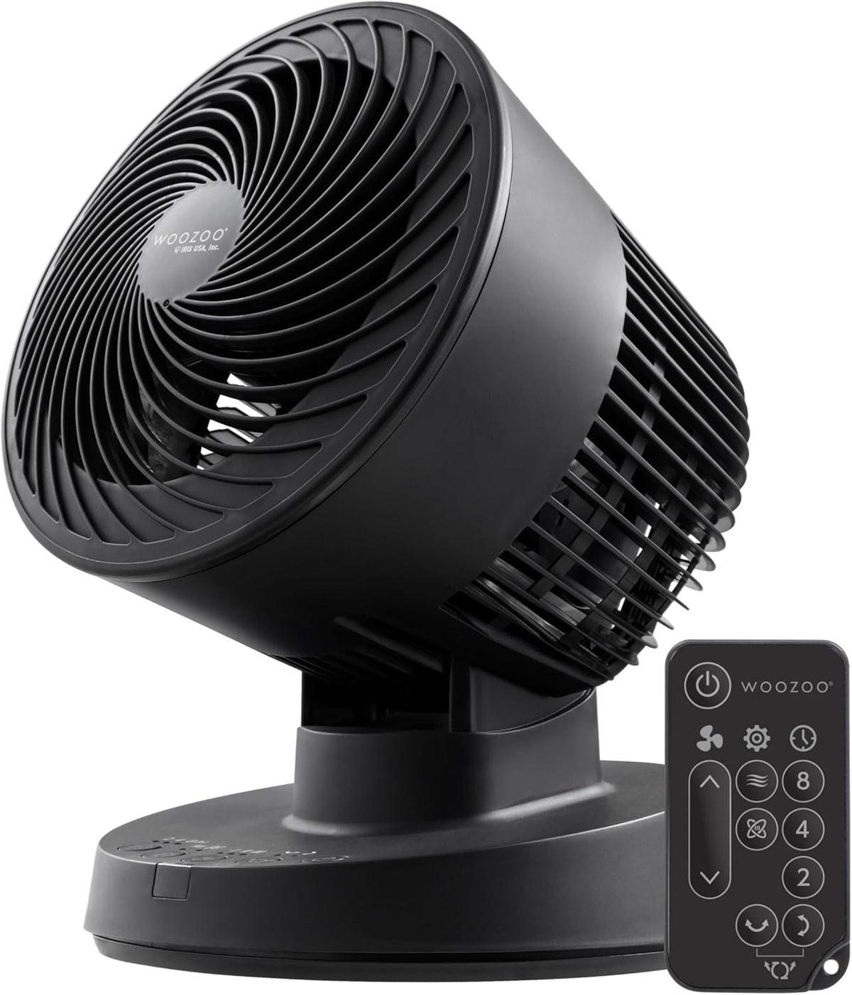 IRIS USA WOOZOO front view showing compact fan and sleek black finish for improved airflow