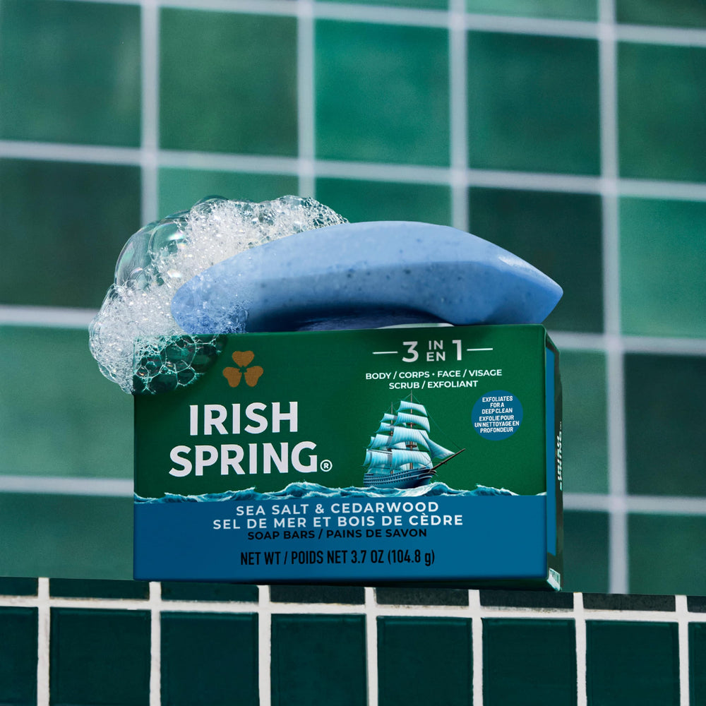 Irish Spring close-up of bar texture with oat and jojoba scrub for exfoliation