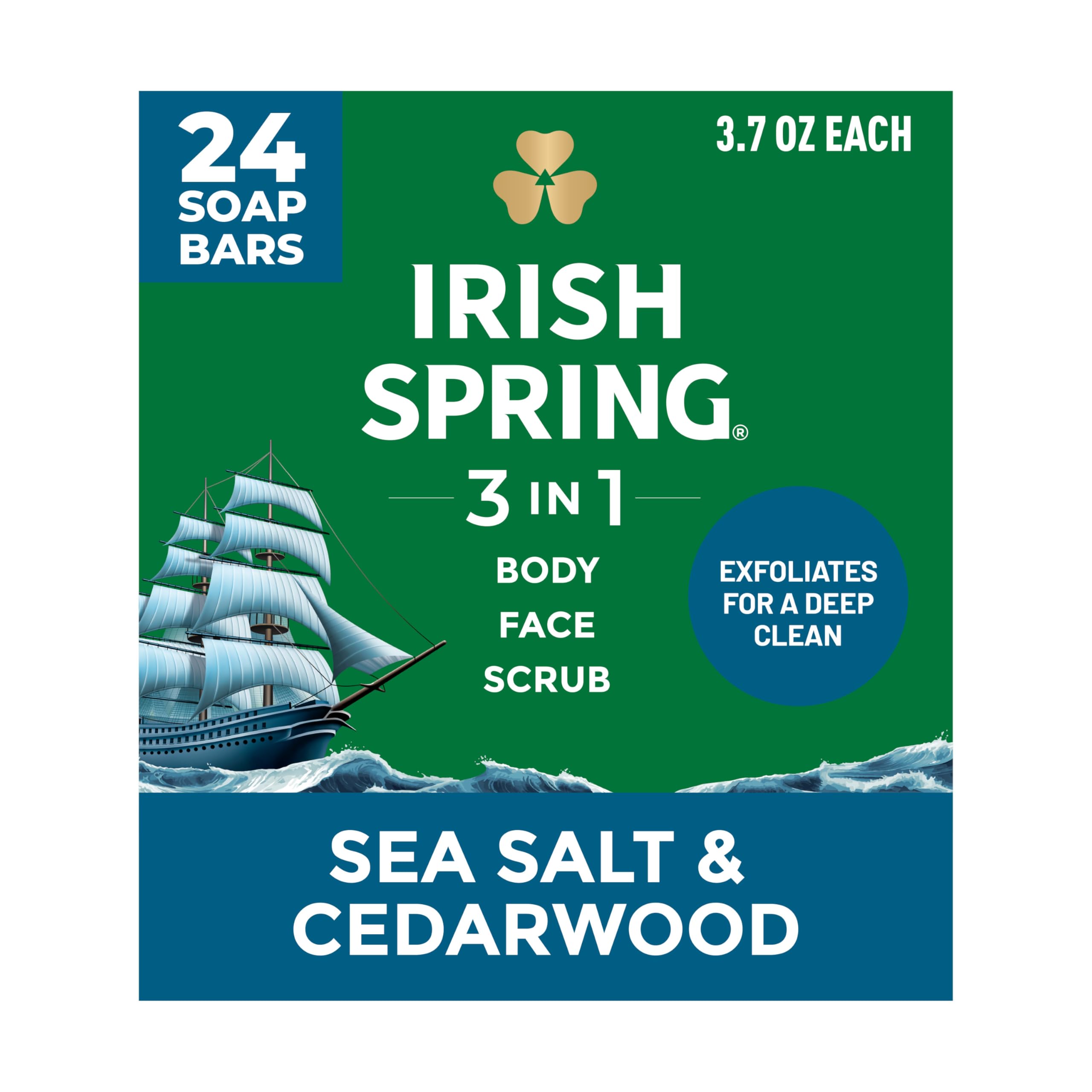 Irish Spring front packaging showing 24-pack and scent freshness